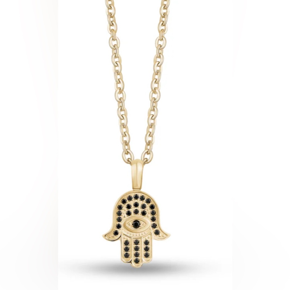Hamsa Pendant Gold Stainless Steel and Black Cubic Zirconia Necklace 17”+1”